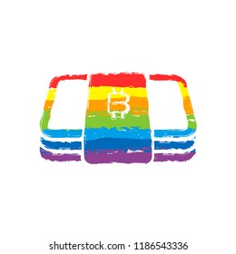 Pack of bitcoin money or vouchers. Business icon. Drawing sign with LGBT style, seven colors of rainbow (red, orange, yellow, green, blue, indigo, violet