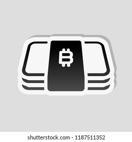 Pack of bitcoin money or vouchers. Business icon. Sticker style with white border and simple shadow on gray background