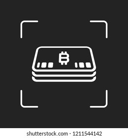 Pack of bitcoin money or vouchers. Business icon. White object in camera autofocus on dark background