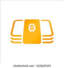 Pack of bitcoin money or vouchers. Business icon. Orange sign with low light on white background