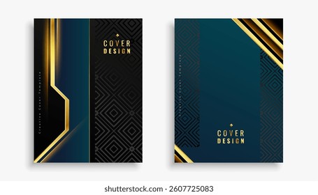 pack of black and blue premium cover layout with shiny golden lines vector