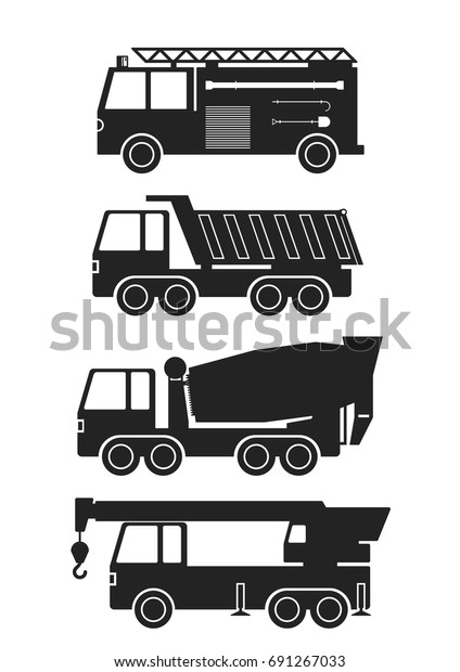 Pack of black heavy vehicles\
flat icons including firetruck, tip truck, crane and concrete\
mixer