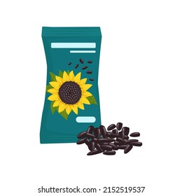 Pack of black sunflower seeds in peel. Fatty healthy food, delicious snacks, cooking nuts. Vector flat illustration