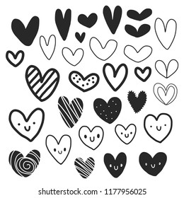 Pack of black and white hearts with cute faces