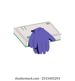 Pacote de luvas médicas descartáveis azuis. Caixa de proteção de borracha das mãos. Ferramenta cirúrgica para médicos para segurança de higiene. Acessório de saúde. Ilustração de vetor isolado plano sobre fundo branco