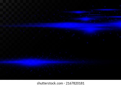 Pack of blue horizontal highlights with glitter on a transparent background. Laser beams, horizontal light beams. Beautiful light flashes. Glowing stripes.