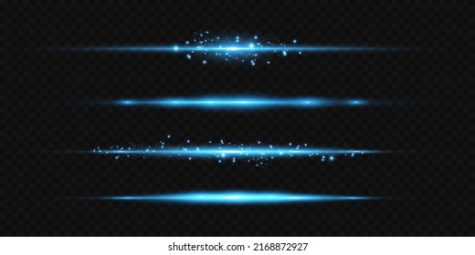 Paket mit blauen horizontalen Highlights. Laserstrahlen, horizontale Lichtstrahlen. Schönes Licht blinkt. Glühende Streifen auf dunklem Hintergrund. Glühender abstrakter, funkelnder Hintergrund.
