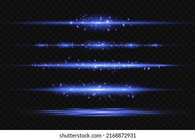 Pack of blue horizontal highlights. Laser beams, horizontal beams of light. Beautiful light flashes. Glowing stripes on a dark background. Glowing abstract sparkling background.
