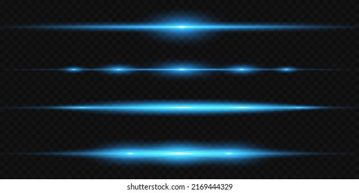 Pack of blue horizontal highlights. Laser beams, horizontal beams of light. Beautiful light flashes. Glowing stripes on a dark background. Glowing abstract sparkling background.
