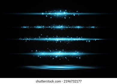Pack of blue horizontal highlights. Laser beams, horizontal beams of light. Beautiful light flashes. Glowing stripes on a dark background. Glowing abstract sparkling background.

