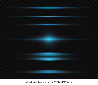 Pack of blue horizontal highlights. Laser beams, horizontal beams of light. Beautiful light flashes. Glowing stripes on a dark background. Glowing abstract sparkling background.