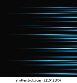 Pack of blue horizontal highlights. Laser beams, horizontal beams of light. Beautiful light flashes. Glowing stripes on a dark background. Glowing abstract sparkling background.