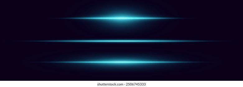 Pack of blue horizontal highlights. Laser beams of light, neon line.