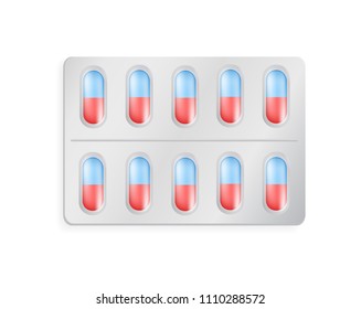 Pack of blue and red capsules for medical treatment. Aspirin or vitamins in tablets vector. Packaging for drugs blister with painkiller or antibiotic pills