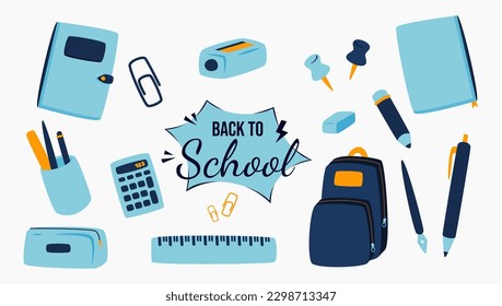 Pack of blue school supplies for back to school theme design. Hand drawn vector illustration of backpack, calculator, paperclip, notebook, etc. Suitable for poster, banner, and website design.