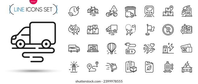 Pack of Boarding pass, Wholesale inventory and Lighthouse line icons. Include Gps, Metro, Honeymoon travel pictogram icons. Battery, Air balloon, Journey signs. Flag, Push cart, Petrol station. Vector