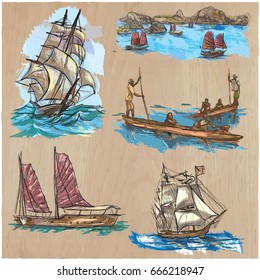 Pack of Boats and Ships around the World. Collection of an hand drawn colored vector illustrations.
