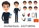 Pack of body parts and emotions. Vector character illustration in cartoon style Business man cartoon character creation set. Young handsome smiling businessman in smart casual.