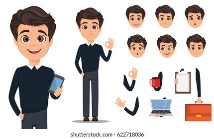 Pack of body parts and emotions. Vector character illustration in cartoon style Business man cartoon character creation set. Young handsome smiling businessman in smart casual.