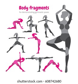 Pack of body parts. Body workout set. Woman doing fitness and yoga exercises