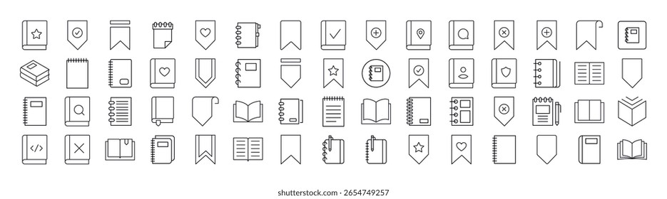 Paquete de iconos de línea relacionados con libros, marcadores, diarios. Signos de contorno para gráficos y Diseño web, App, anuncios, varias tarjetas