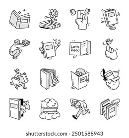 Pack of Book Reading Doodle Icons 

