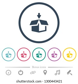 Pack to box flat color icons in round outlines. 6 bonus icons included.