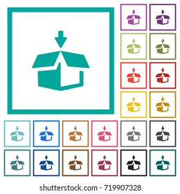 Pack to box flat color icons with quadrant frames on white background
