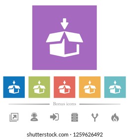 Pack to box flat white icons in square backgrounds. 6 bonus icons included.