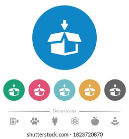 Pack to box flat white icons on round color backgrounds. 6 bonus icons included.