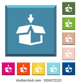 Pack to box white icons on edged square buttons in various trendy colors