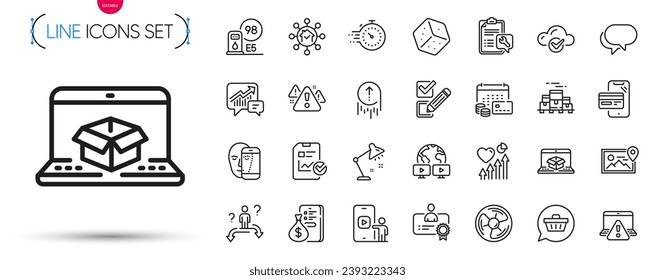 Pack of Boxes pallet, Photo location and Warning line icons. Include Money calendar, Timer, Business choice pictogram icons. Dice, Online warning, Air fan signs. Online delivery. Vector