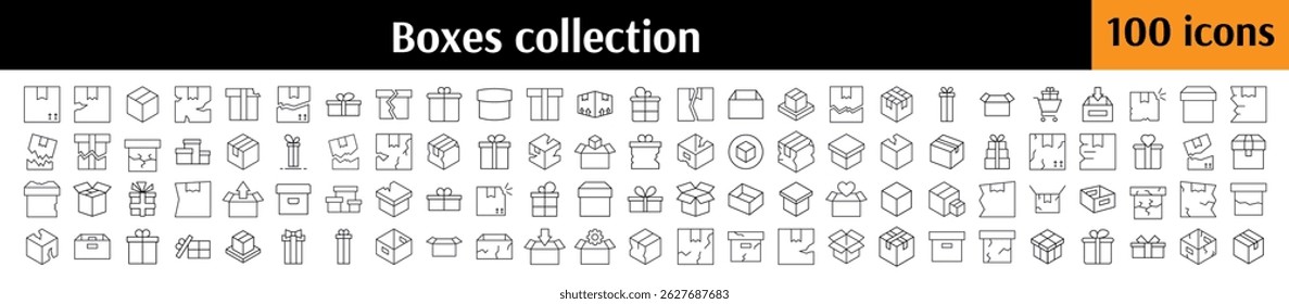 Pack of Boxes Related Line Icons. Broken Boxes, Container, Parcel, Giftbox Outline Signs for Graphic and Web Design, Apps, Adverts, Various Cards