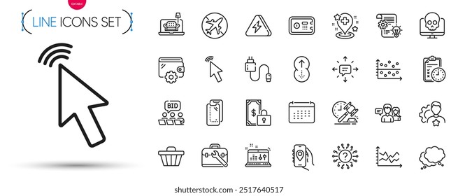 Pacote de marca, aplicativo de localização e ícones de linha de balão de fala. Inclui carrinho de compras, calendário, ícones do pictograma do modo Avião. Gráfico de pontos, cabo de carregamento, sinais de gráfico de diagrama. Mobiliário, Cursor. Vetor