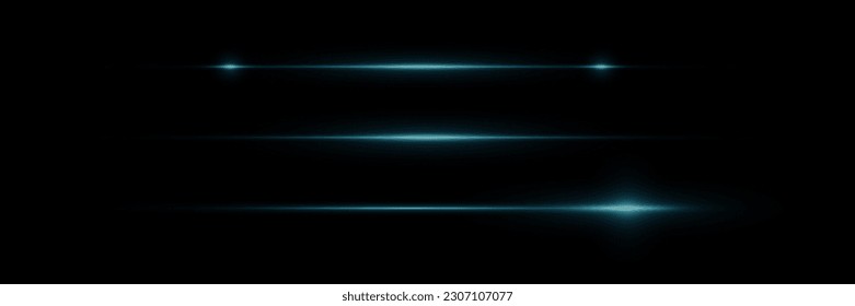 Pack of bright horizontal highlights, rays, lines on a black background. Laser beams, horizontal light beams.