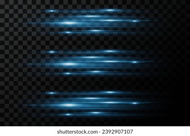 Pack of bright horizontal highlights, rays, lines on a transparent background. Laser beams, horizontal light beams.