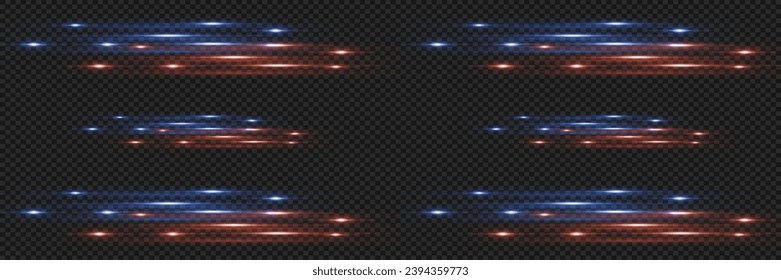 Pack of bright horizontal highlights, rays, lines on a transparent background. Laser beams, horizontal light beams.