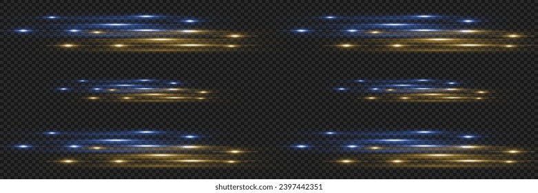Pack of bright horizontal highlights, rays, lines on a transparent background. Laser beams, horizontal light beams.