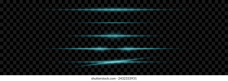 Pack of bright horizontal highlights, rays, lines on a transparent background. Laser beams, horizontal light beams.	

