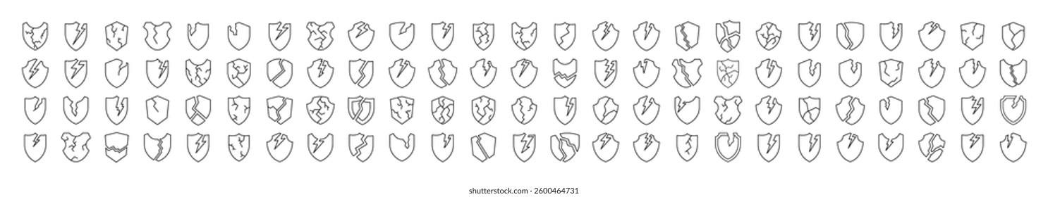 Pack of Broken Shield Related Line Icons. Outline Signs for Graphic and Web Design, Apps, Adverts, Various Cards