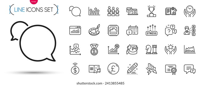 Pack of Brush, Ranking and Winner podium line icons. Include Music book, Palette, Online survey pictogram icons. Equality, Opinion, Website statistics signs. Chart, Messenger. Vector