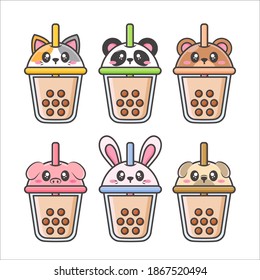 pack of bubble tea cup with cute animal face lid