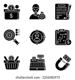 Paquete de iconos sólidos de negocios y efectivo 