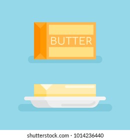 Pack of butter and butter on saucer isolated on blue background. Flat style icon. Vector illustration.