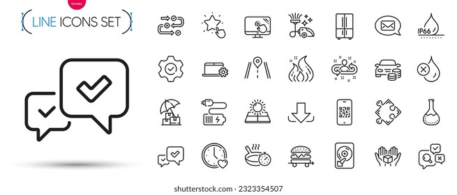 Pack of Buy car, Survey progress and Waterproof line icons. Include Execute, No waterproof, Delivery insurance pictogram icons. Messenger, Chemistry lab, Hold box signs. Strategy. Vector