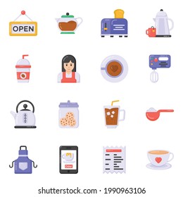 Pack of Cafe Equipment and Drinks Flat Icons 