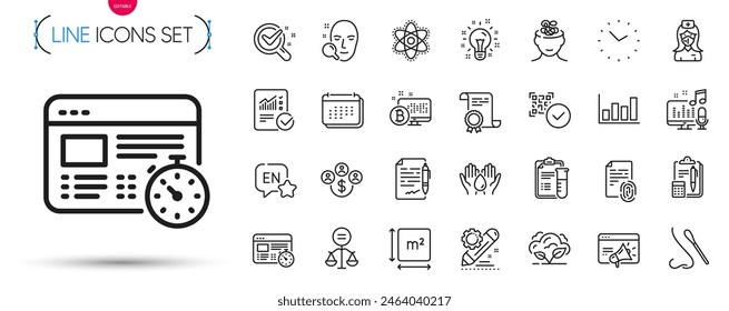 Paquete de iconos de calendario, edición de proyectos y línea de átomos de química. Incluye laboratorio de química, ansiedad, iconos de pictograma de cálculo comprobado. Idea, temporizador de Web, señales de búsqueda facial. Área cuadrada. Vector