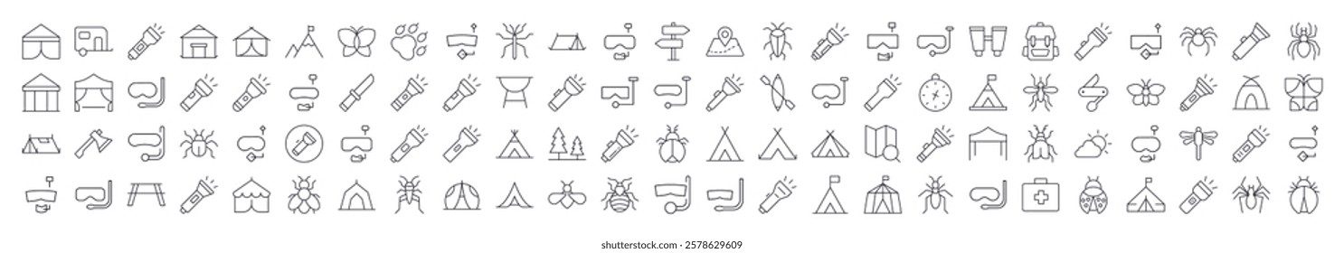 Pack of Camping Related Line Icons. Editable Stroke for Design, Web Sites, Apps, Cards. Contains Linear Images of Flashlight, Diving Mask, Tent, Axe, Insect