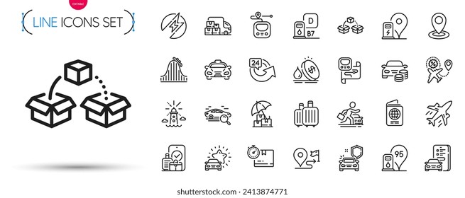 Pack of Cardboard box, Car review and Car secure line icons. Include Journey, Carry-on baggage, Plane pictogram icons. Parcel shipping, Passport, Taxi signs. Delivery insurance. Vector