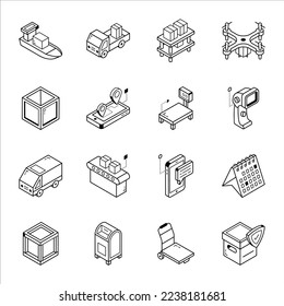 Pack of Cargo Isometric Line Icons

